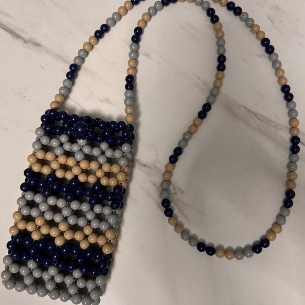 Hand-beaded Phone Bag / Mini Shoulder Bag ā Navy, Grey & Beige